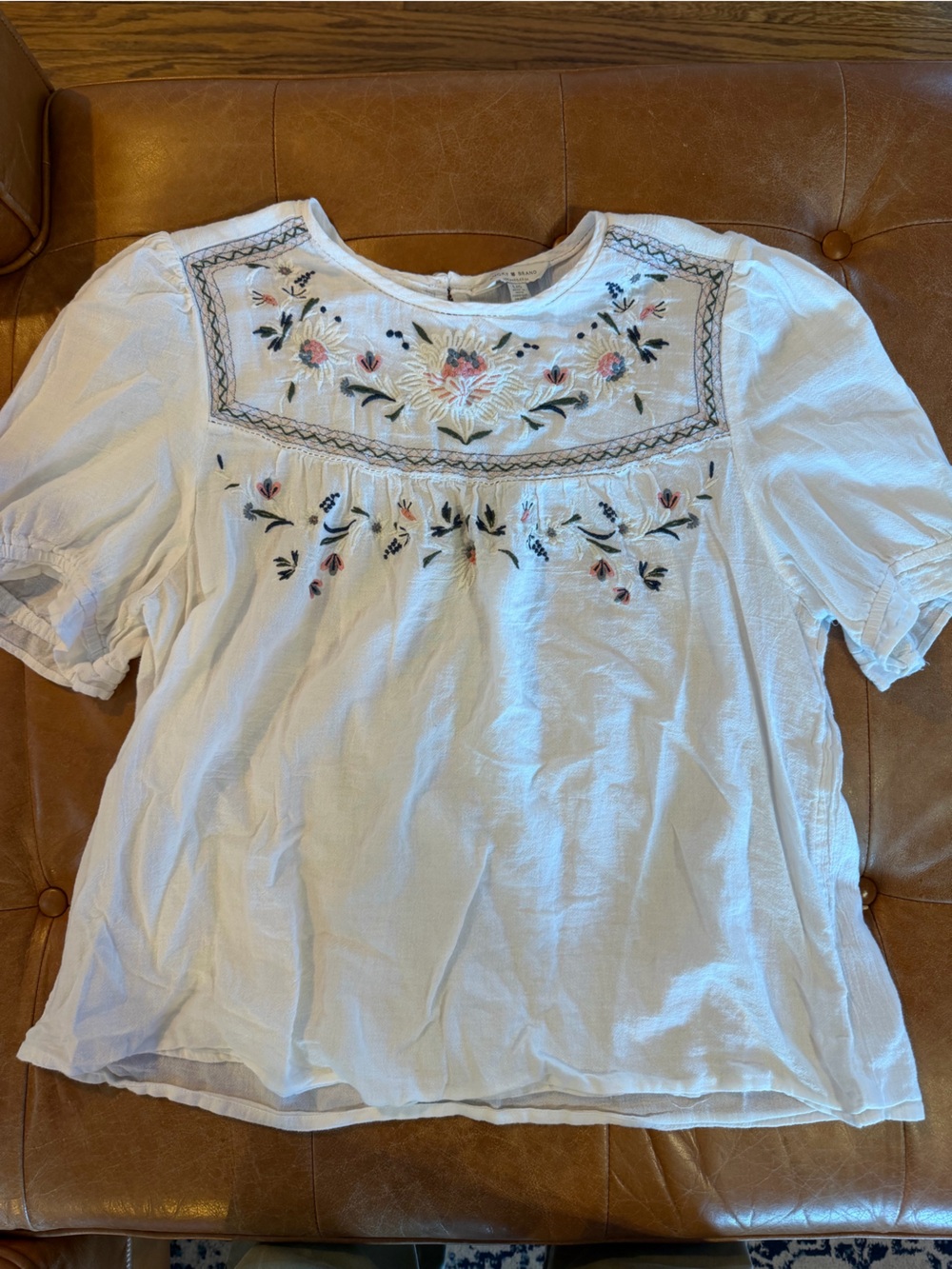 Lucky Brand White Embroidered Peasant Chemise with Pink & Green Floral Detail